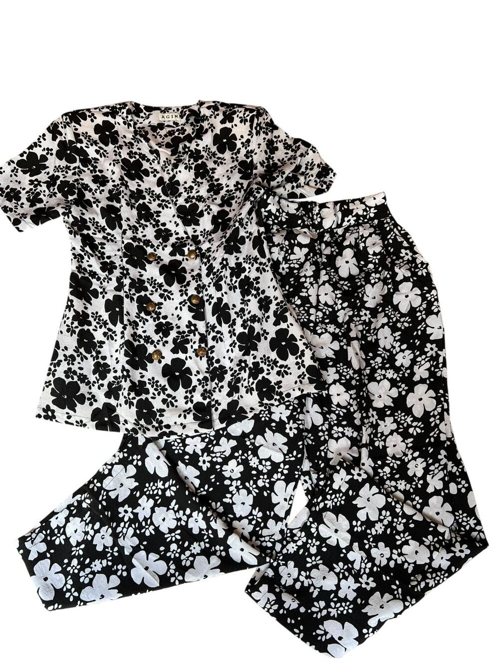 Agin Women's 90s Vintage Shirt & Pants Two Pieces Set Floral Size SMALL